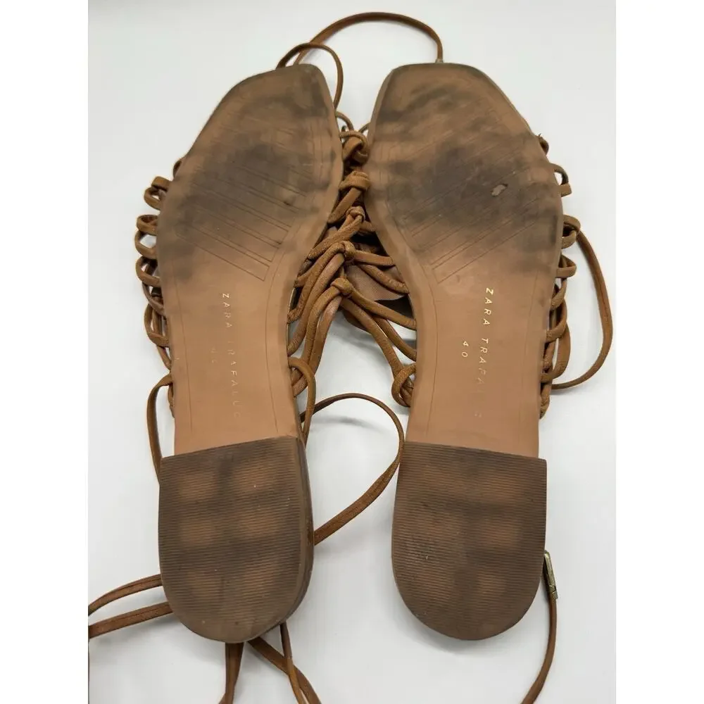 Zara Trafaluc Brown Braided Ankle Wrap Flats US Size 9 Euro 40 - Picture 8 of 8